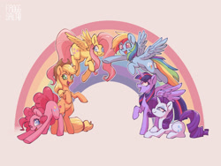 Size: 2048x1536 | Tagged: safe, artist:froggsalt, edit, editor:edits of hate, imported from twibooru, applejack, fluttershy, pinkie pie, rainbow dash, rarity, twilight sparkle, alicorn, earth pony, pegasus, pony, unicorn, cute, female, females only, group, image, lying down, mane six, needs more jpeg, one eye closed, open smile, rainbow, rearing, smiling, spread wings, wings