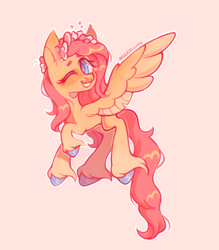 Size: 1220x1395 | Tagged: safe, artist:occultusion, edit, editor:edits of hate, imported from twibooru, fluttershy, pegasus, pony, blushing, colored hooves, cute, flower, flying, image, one eye closed, png, raised hoof, smiling at you, solo, wink