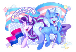 Size: 1024x704 | Tagged: safe, artist:screwchaos, imported from derpibooru, starlight glimmer, trixie, pony, unicorn, abstract background, bisexual pride flag, butt, chest fluff, dock, featureless crotch, female, lesbian, lidded eyes, no pupils, open mouth, open smile, plot, pride, pride flag, pride month, shipping, smiling, startrix, tail, trans trixie, transgender, transgender pride flag, two toned coat