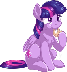 Size: 759x819 | Tagged: safe, artist:fizzy-dog, edit, imported from twibooru, twilight sparkle, pegasus, pony, chest fluff, cute, dexterous hooves, eating, female, food, image, mare, nom, pegasus twilight sparkle, png, pretzel, pretzel coordination, race swap, simple background, sitting, solo, transparent background, twiabetes, twipretzel