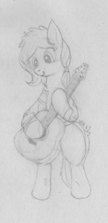 Size: 1262x2584 | Tagged: safe, artist:wapamario63, imported from ponybooru, oc, oc only, earth pony, pony, fallout equestria, bipedal, clothes, cute, female, guitar, mare, monochrome, musical instrument, playing instrument, sketch, solo, torn clothes, traditional art