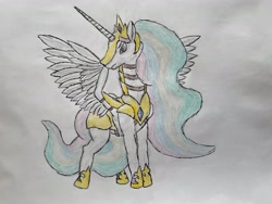 Size: 4032x3024 | Tagged: safe, artist:emerald ice, imported from derpibooru, princess celestia, alicorn, pony, armor, armored pony, female, mare, simple background, solo, spread wings, traditional art, warrior, warrior celestia, white background, wings