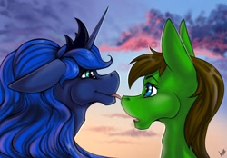 Size: 1180x820 | Tagged: safe, artist:stirren, imported from derpibooru, princess luna, oc, alicorn, pony, bust, canon x oc, commission, duo, heart, heart eyes, licking, mlem, nose licking, portrait, scenery, silly, sky, tongue out, wingding eyes, ych result, your character here