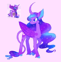 Size: 1922x1952 | Tagged: safe, artist:sidruni, imported from derpibooru, princess luna, alicorn, pony, big ears, colored hooves, curved horn, female, horn, leonine tail, mare, pink background, simple background, smiling, solo, tail, toy