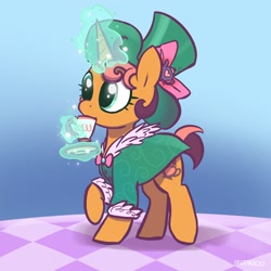 Size: 2368x2368 | Tagged: safe, artist:pfeffaroo, imported from derpibooru, oc, oc only, oc:kettle chip, pony, unicorn, clothes, dress, food, levitation, magic, solo, tea, telekinesis