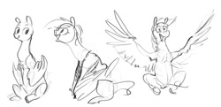 Size: 1200x582 | Tagged: safe, artist:alumx, imported from derpibooru, rainbow dash, pegasus, pony, female, grayscale, mare, monochrome, simple background, sitting, sketch, solo, spread wings, white background, wing arms, wings