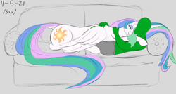 Size: 3000x1605 | Tagged: safe, artist:enonnnymous, imported from derpibooru, princess celestia, oc, oc:anon, alicorn, pony, /sun/, couch, cuddling, dock, duo, eyes closed, holding a pony, hug, lying down, smiling, tail