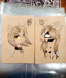 Size: 3008x3588 | Tagged: safe, artist:lailyren, imported from derpibooru, oc, oc only, pony, unicorn, :p, collar, couple, female, horn, male, mare, multiple horns, pentagram, sketch, stallion, thought bubble, tongue out, traditional art