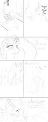 Size: 2000x5000 | Tagged: safe, artist:enonnnymous, imported from derpibooru, princess celestia, oc, oc:anon, alicorn, pony, /sun/, comic, cute, dialogue, eyes closed, hat, hug, monochrome, smiling, stairs, talking