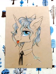 Size: 2603x3476 | Tagged: safe, artist:lailyren, imported from derpibooru, oc, oc only, oc:hrabia de black sky, bat pony, pony, unicorn, :p, male, necktie, sketch, solo, stallion, tongue out, traditional art