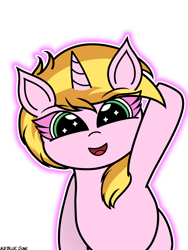 Size: 2304x3072 | Tagged: safe, imported from derpibooru, oc, oc:muse, unicorn, cute, female, glowing, happy, high res, open mouth, signature, simple background, solo, transparent background