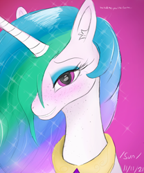 Size: 2000x2400 | Tagged: safe, artist:enonnnymous, imported from derpibooru, princess celestia, alicorn, pony, /sun/, blushing, dialogue, freckles, looking at you, solo