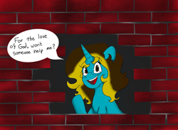 Size: 2325x1702 | Tagged: safe, alternate version, artist:sweet, imported from derpibooru, oc, oc:sweet disaster, unicorn, brick wall, commission, funny, horn, immurement, meme, the cask of amontillado, unicorn oc