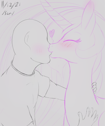 Size: 2500x3000 | Tagged: safe, artist:enonnnymous, imported from derpibooru, princess celestia, oc, oc:anon, alicorn, human, pony, /sun/, blushing, duo, eyes closed, heart, kissing