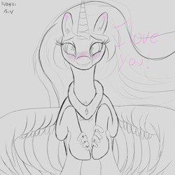 Size: 3000x3000 | Tagged: safe, artist:enonnnymous, imported from derpibooru, princess celestia, oc, oc:anon, alicorn, pony, /sun/, blushing, chest fluff, crying, hand, holding hooves, i love you, looking at you, monochrome, offscreen character, pov, simple background, smiling, solo focus, spread wings, tears of joy, wings