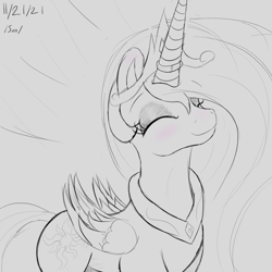 Size: 3000x3000 | Tagged: safe, artist:enonnnymous, imported from derpibooru, princess celestia, alicorn, pony, /sun/, blushing, eyes closed, horn, horn ring, jewelry, monochrome, partial color, ring, simple background, smiling, solo