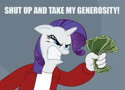 Size: 1084x777 | Tagged: safe, edit, edited screencap, imported from derpibooru, screencap, rarity, angry, comic, crossover, element of generosity, futurama, meme, money, philip j. fry, screencap comic, shut up and take my money