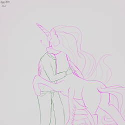 Size: 3000x3000 | Tagged: safe, artist:enonnnymous, imported from derpibooru, princess celestia, oc, oc:anon, alicorn, human, pony, /sun/, blushing, butt, duo, eyes closed, heart, hug, plot, simple background, smiling, winghug, wings