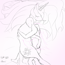 Size: 3000x3000 | Tagged: safe, artist:enonnnymous, imported from derpibooru, princess celestia, oc, oc:anon, alicorn, human, pony, /sun/, bed, butt, duo, eyes closed, hug, monochrome, pillow, plot, sigh, sleeping, winghug, wings