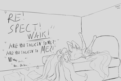 Size: 3000x2000 | Tagged: safe, artist:enonnnymous, imported from derpibooru, princess celestia, alicorn, pony, /sun/, bed, caught, clothes, implied anon, lying down, metallica, monochrome, on back, pantera, pillow, shirt, singing, solo