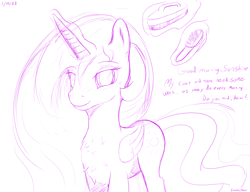 Size: 2600x2000 | Tagged: safe, artist:enonnnymous, imported from derpibooru, princess celestia, alicorn, pony, brush, chest fluff, dialogue, looking at you, monochrome, sketch, solo, talking to viewer, wingding eyes