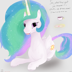 Size: 5000x5000 | Tagged: safe, artist:enonnnymous, imported from derpibooru, princess celestia, alicorn, pony, /sun/, blushing, chest fluff, cloven hooves, colored hooves, cup, cute, cutelestia, dialogue, female, folded wings, food, gray background, heart, heart eyes, looking at you, lying down, magic, mare, missing accessory, neck fluff, open mouth, prone, simple background, smiling, solo, talking to viewer, tea, teacup, telekinesis, unshorn fetlocks, wingding eyes, wings