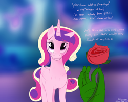 Size: 2500x2000 | Tagged: safe, artist:enonnnymous, imported from derpibooru, princess cadance, oc, oc:anon, alicorn, pony, blurry background, dialogue, female, floppy ears, flower, folded wings, hand, looking at you, mare, romantic, rose, solo focus, waifu, wings