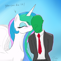 Size: 3000x3000 | Tagged: safe, artist:enonnnymous, imported from derpibooru, princess celestia, oc, oc:anon, alicorn, human, pony, /sun/, blue background, blushing, cheek kiss, clothes, dialogue, duo, eyes closed, female, gradient background, hands behind back, heart, kissing, kissy face, male, mare, simple background, smiling, spread wings, tuxedo, wings