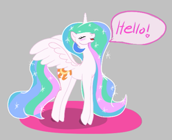 Size: 501x408 | Tagged: safe, artist:enonnnymous, imported from derpibooru, princess celestia, alicorn, pony, aggie.io, blushing, dialogue, eyes closed, female, gray background, happy, mare, open mouth, simple background, smiling, solo, speech bubble, spread wings, talking, tiptoe, wings