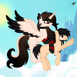 Size: 4179x4180 | Tagged: safe, artist:princessmoonsilver, imported from derpibooru, oc, oc only, oc:jon, oc:valeria-chan, alicorn, earth pony, pony, clothes, flying, ponysona, socks, striped socks