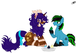 Size: 6539x4476 | Tagged: safe, artist:princessmoonsilver, imported from derpibooru, oc, oc only, oc:star seeker, oc:tricket, earth pony, kirin, unicorn, cupcake, food, kirin oc, simple background, transparent background