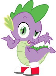 Size: 1280x1736 | Tagged: safe, artist:boem777, artist:ponygamer2020, editor:ponygamer2020, imported from derpibooru, spike, dragon, bridle gossip, breaking the fourth wall, clothes, clothes swap, converse, cosplay, costume, crossover, dragons wearing clothes, fangs, frown, looking at you, male, miles "spike" prower, miles "tails" prower, open mouth, raised eyebrow, shoes, simple background, sneakers, solo, sonic the hedgehog (series), talking to viewer, transparent background, vector