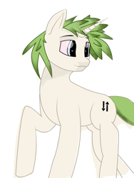 Size: 1585x2105 | Tagged: safe, artist:m37, imported from derpibooru, oc, oc only, oc:ein, pony, unicorn, blue eyes, colored sclera, eyebrows, green hair, horn, male, raised hoof, red sclera, simple background, smiling, solo, stallion, white background