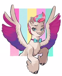 Size: 1680x2048 | Tagged: safe, artist:goulpaa, imported from derpibooru, zipp storm, pegasus, pony, bowtie, dreamworks face, female, g5, hoof fluff, looking at you, smiling, solo, spread wings, wings