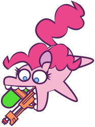 Size: 1484x1972 | Tagged: safe, artist:threetwotwo32232, imported from derpibooru, pinkie pie, earth pony, pony, female, gun, mare, mouth hold, simple background, solo, transparent background, watergun, weapon, white background