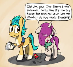 Size: 1300x1200 | Tagged: safe, artist:ebbysharp, imported from derpibooru, hitch trailblazer, earth pony, pony, unicorn, asking for it, blushing, can, clothes, cute, daaaaaaaaaaaw, female, fuck the police, g5, hitch trailblazer gets all the mares, hitchrose, litter, littering, male, mare, my little pony: a maretime bay adventure, notepad, pencil, primrose (g5), scarf, shipping, shy, stallion, straight, this will end in jail time, trying to get arrested
