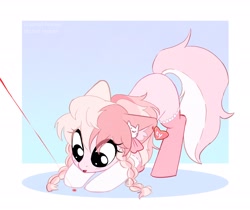 Size: 2664x2242 | Tagged: safe, artist:syrupyyy, imported from derpibooru, oc, oc only, oc:princess, cat, cat pony, earth pony, original species, plush pony, pony, behaving like a cat, braid, clothes, ear tag, laser pointer, plushie, solo, stockings, thigh highs, ty