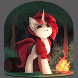 Size: 2500x2500 | Tagged: safe, artist:syrupyyy, imported from derpibooru, oc, oc only, pony, unicorn, campfire, clothes, ear piercing, forest, log, looking at you, night, piercing, solo