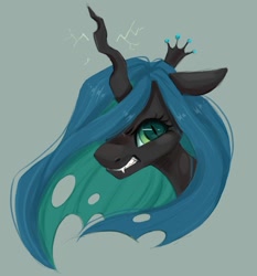Size: 981x1053 | Tagged: safe, artist:melodylibris, imported from derpibooru, queen chrysalis, changeling, changeling queen, bust, fangs, female, green background, gritted teeth, looking at you, simple background, solo, teeth