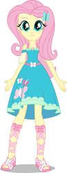 Size: 1024x2617 | Tagged: safe, artist:cencerberon, imported from derpibooru, fluttershy, human, equestria girls, arms spread out, belt, clothes, cutie mark on clothes, dress, female, fluttershy boho dress, geode of fauna, grin, jewelry, looking at you, magical geodes, necklace, open-toed shoes, simple background, sleeveless, smiling, smiling at you, solo, transparent background, vector