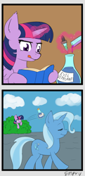 Size: 580x1200 | Tagged: safe, artist:empyu, imported from derpibooru, trixie, twilight sparkle, alicorn, pony, unicorn, 2 panel comic, comic, duo, eyedropper, eyes closed, glowing, glowing horn, hiding, horn, potion, throwing, tongue out, twilight sparkle (alicorn)