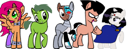 Size: 1854x720 | Tagged: dead source, safe, artist:dazzlingfan, imported from derpibooru, alicorn, earth pony, pony, robot, robot pony, amulet, beast boy, boots, cloak, clothes, collar, crossover, cyborg (dc comics), dc comics, fangs, female, frown, gem, horn, jewelry, male, mare, mask, ponified, raised hoof, raven (dc comics), robin (dc comics), shoes, simple background, smiling, spread wings, stallion, starfire, teen titans go, unamused, white background, wings, wristband