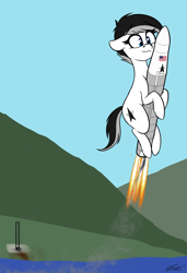 Size: 1476x2154 | Tagged: safe, artist:seafooddinner, imported from derpibooru, oc, oc only, oc:astrapone, earth pony, pony, female, fire, floppy ears, mountain, riding, rocket, simple background, smoke, water