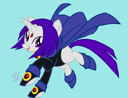 Size: 906x693 | Tagged: safe, artist:batangbatugan, imported from derpibooru, pony, unicorn, amulet, blue background, cloak, clothes, crossover, dc comics, female, gem, horn, jewelry, mare, ponified, raven (dc comics), shoes, signature, simple background, smiling, teen titans