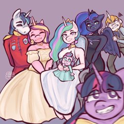 Size: 2048x2048 | Tagged: safe, artist:scribleydoodles, imported from derpibooru, prince blueblood, princess cadance, princess celestia, princess flurry heart, princess luna, shining armor, twilight sparkle, alicorn, anthro, unicorn, alicorn tetrarchy, baby, clothes, dress, eye clipping through hair, female, foal, male, mare, purple background, royal family, shiningcadance, shipping, simple background, smiling, stallion, straight, twilight sparkle (alicorn), uniform