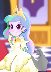 Size: 2894x4093 | Tagged: safe, artist:rainshadow, idw, imported from derpibooru, king sombra, princess celestia, human, equestria girls, spoiler:comic, celestibra, clothes, crown, dress, duo, duo male and female, ear piercing, earring, equestria girls-ified, eyebrows, female, female focus, good king sombra, gown, heart, heart eyes, high res, jewelry, male, male pov, offscreen character, offscreen male, piercing, pov, princess costume, regalia, shipping, smiling, solo focus, straight, wingding eyes