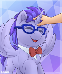 Size: 2000x2400 | Tagged: safe, artist:rivin177, imported from derpibooru, oc, alicorn, human, pony, commission, eyes closed, glasses, hand, human on pony petting, petting, raised hoof, ribbon, simple background, sparkles, spread wings, wings, ych result, your character here