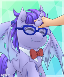 Size: 2000x2400 | Tagged: safe, alternate version, artist:rivin177, imported from derpibooru, oc, changeling, human, pony, commission, eyes closed, glasses, hand, human on pony petting, petting, raised hoof, ribbon, simple background, sparkles, spread wings, wings, ych result, your character here