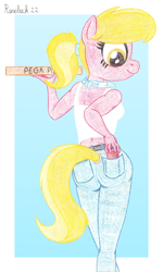 Size: 1150x1920 | Tagged: safe, artist:roseluck, imported from derpibooru, lily, lily valley, anthro, earth pony, plantigrade anthro, abstract background, alternate hairstyle, ass, bandana, belt, breasts, butt, clothes, colored pencil drawing, delivery, female, holding, jeans, lilybutt, looking at something, looking down, mare, pants, pizza box, pockets, ponytail, rear view, scrunchie, smiling, soda can, solo, tail, tail hole, tanktop, traditional art, walking