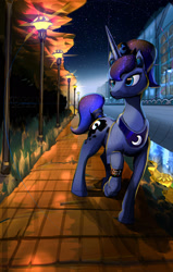 Size: 1504x2372 | Tagged: safe, artist:ciborgen, imported from derpibooru, princess luna, alicorn, pony, alternate hairstyle, lamp, night, solo, tail, tail wrap